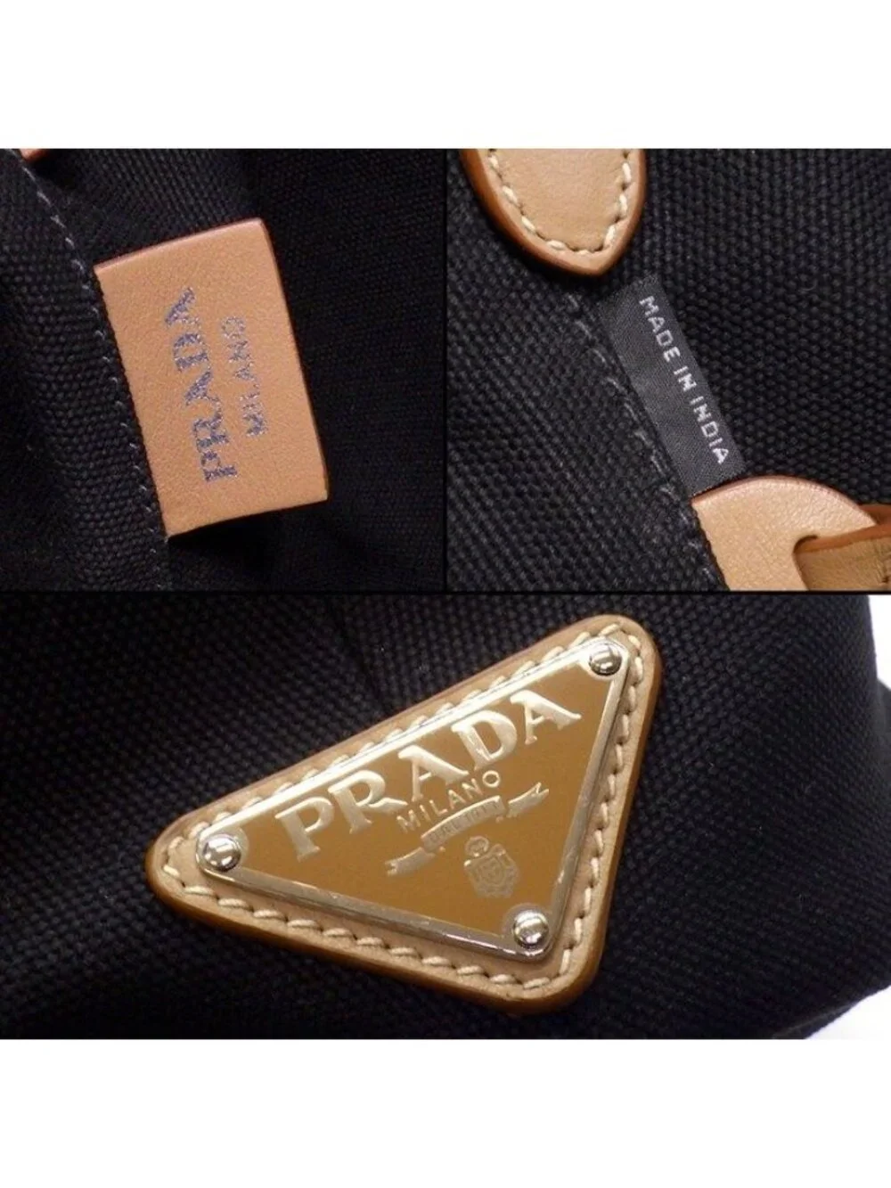 Prada Tote Canapa Bucket Bag Black Canvas Leather Silver